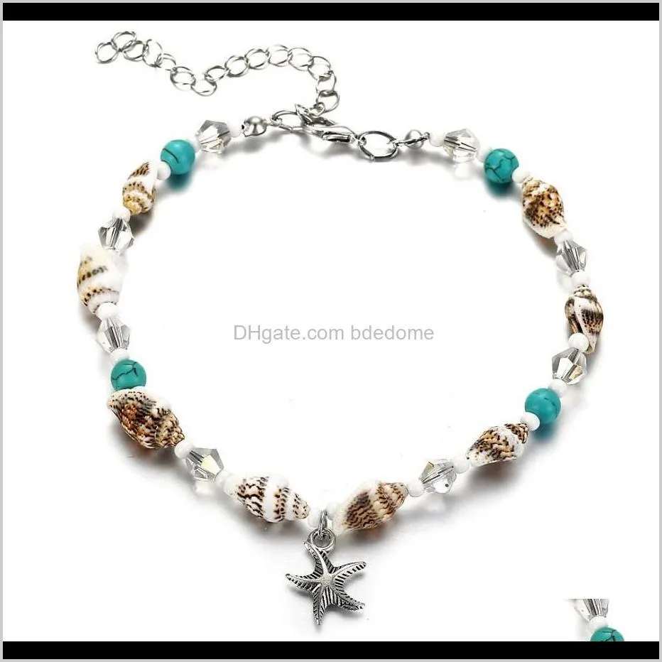 fashion jewelry anklet alloy starfish pendant sea snail white acrylic transparant pearl turquoise bead accessory silver plated chain