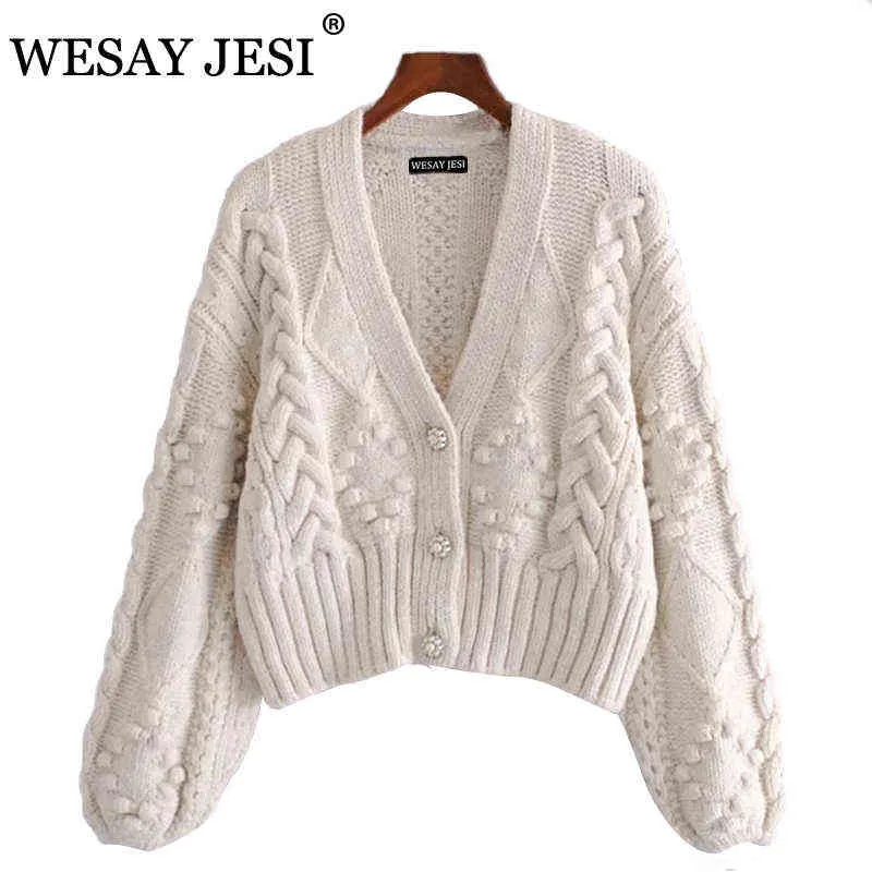 WESAY JESI Women's Sweater Za Cardigans For Women Knitted Thick Loose Lantern Sleeve Pearl Button Short Sweet Lazy Style 211217