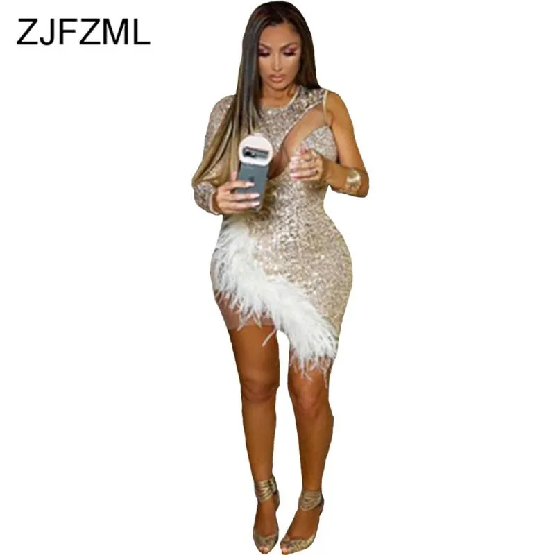 Sparkly Sequins Feather Splice Prom Dress Women Elegant Sheer Mesh See Through Club Party Irregular Long Sleeve Slim Casual Dresses