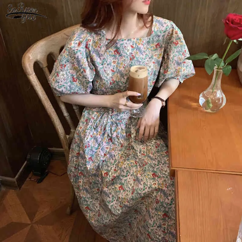 French Style Vintage Half Puff Sleeve Floral Printed Dress Women Spring Summer Girl Tender Elegant Dresses Vestidos 14557 210521