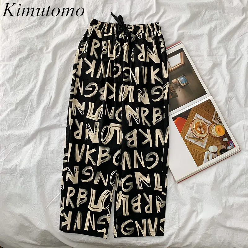 Kimutomo Chic Letter Print Byxor Kvinnor Sommar Koreansk Elastisk Hög Midja Lace Up Wide Ben Byxor Outwear Casual 210521