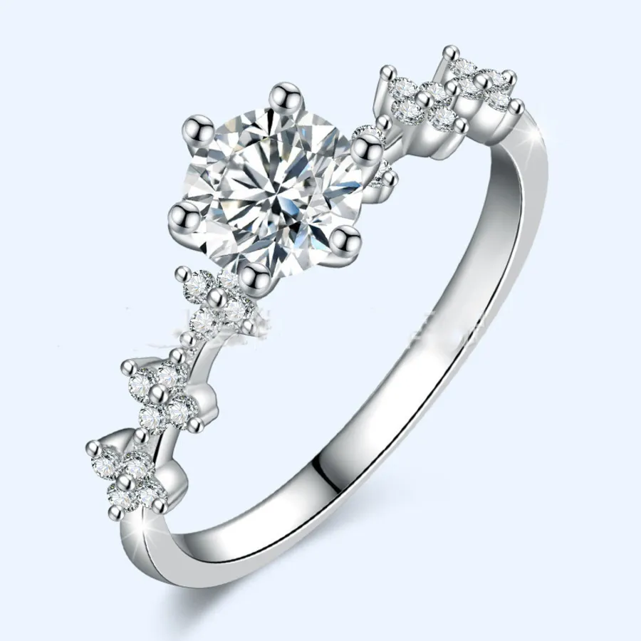 Eenvoudige S925 Zilver 50 Punten Zes Klauw Mossan Stone Ring 18K White Gold Wedding Valentijnsdag Sieraden BCA9