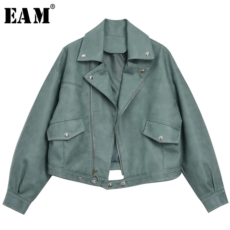 [EAM] coupe ample vert Pu cuir Split Joint veste courte revers à manches longues femmes manteau mode printemps 1Y643 211029