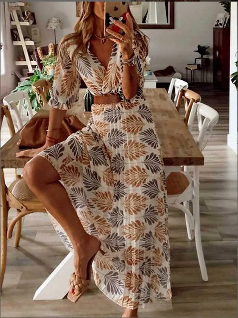 Lugentolo Summer Boho Drape Kobiety Moda Drukowane Pół Rękaw V Neck Plus Size Długość Długość Długość Maksymalna Dress X0621