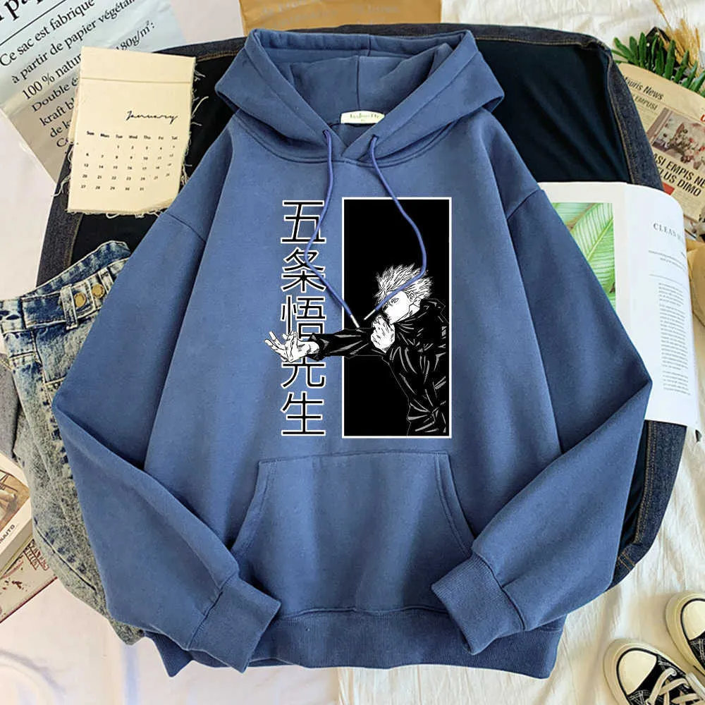 Jujutsu Kaisen Gojo Satoru Anime Hoodie Man Round Neck Sweatshirt Casual harajuku Tracksuit för män Fleece Bekväm Pullover Y0804