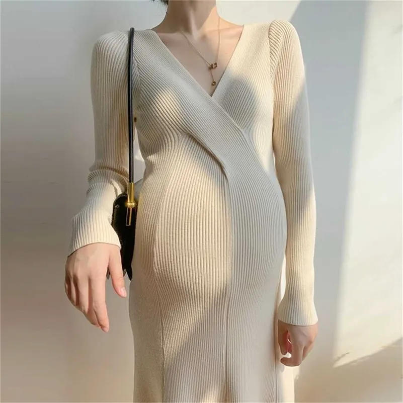 Maternity Knitted Dress Long Sleeve Sweater Knitted Elastic Mom Dresses Fashion Autumn Winter Warm V-neck Casual Clothes GT8AJCW