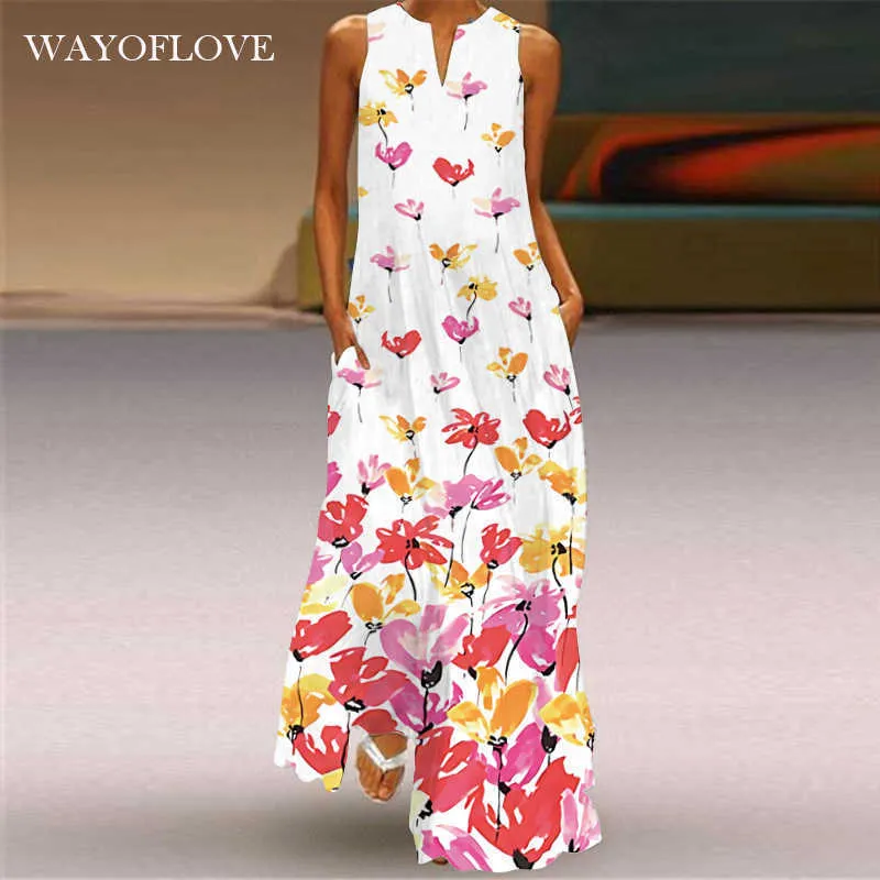 Wayofloveファッションプリントサマービーチドレスカジュアルエレガントなロングドレス女性パーティーノースリーブプラスサイズヴィンテージドレス女性210602
