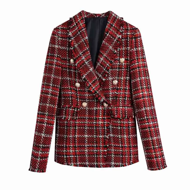 Vintage Kvinnor Woolen Notched Collar Blazers Fashion Ladies Red Plaid Jacket Streetwear Kvinna Chic Double Breasted Coats 210427