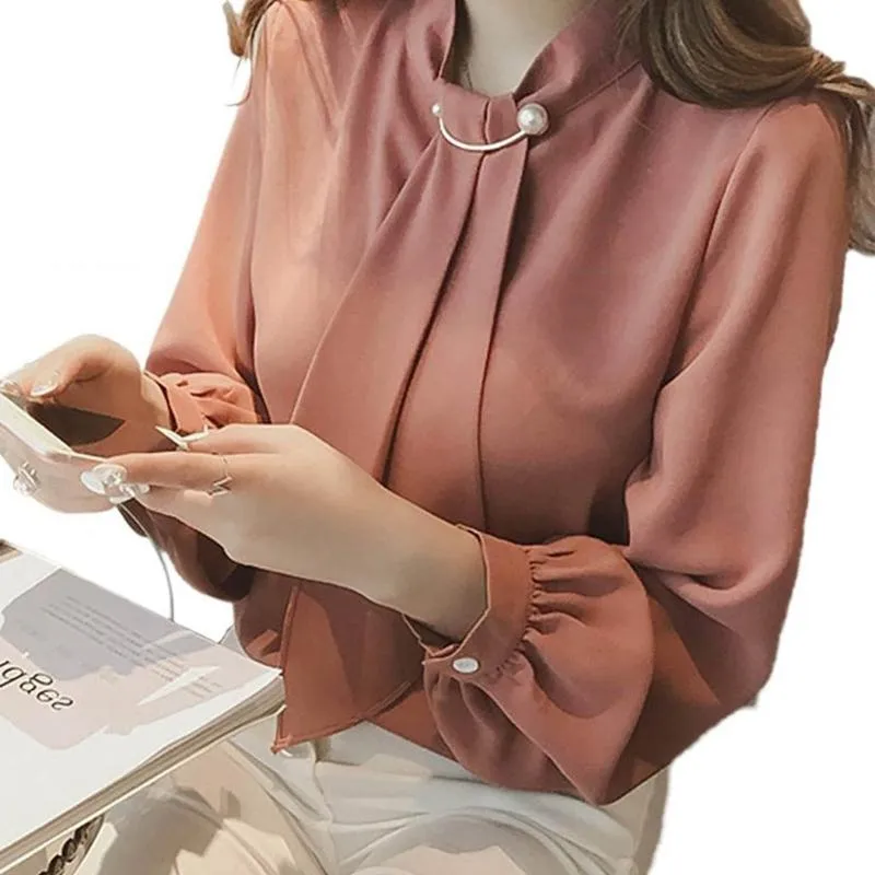 Women's Blouses & Shirts Elegant Ladies Long Sleeve Shirt Women Autumn White Bow Tie Chiffon Blouse Tunic Work Wear Formal Top Plus Size Blu