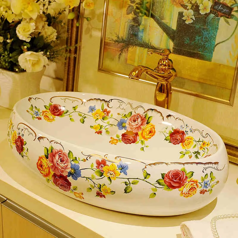 Oval form handgjord kinesisk stil porslin bänkskiva lavabo badrum handfat skål keramiska konstnärliga handfat