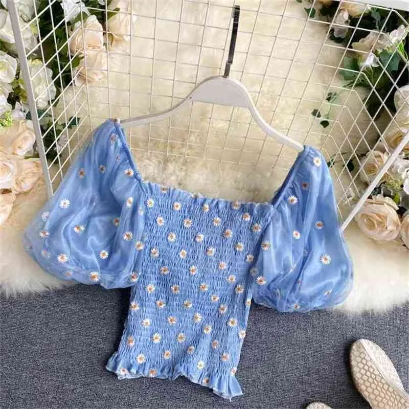 Süße Frauen Puff Sleeve Bluse Sommer Sexy Off Schulter Schlank Crop Tops Damen Floral Stickerei Kurze Shirts Top 210525