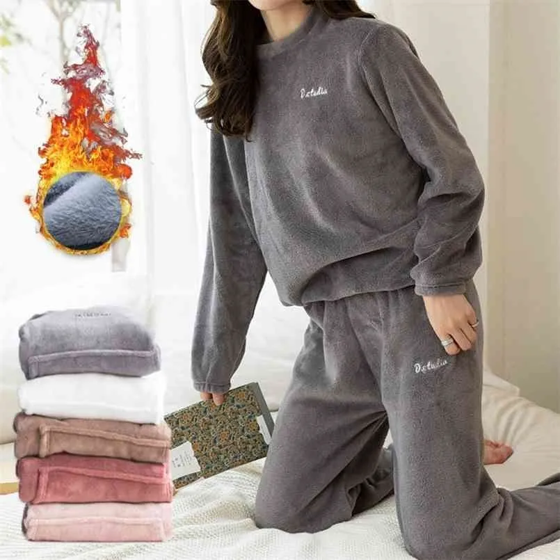Kvinnors Pajama Set Varm Flannel Pajamas Sleepwear Homewear Womens Fleece Hemkläder för Kvinnor Män Suit 210831