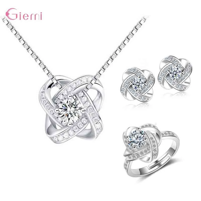 Trendy Jewelry Sets Fine 925 Sterling Silver Austria Crystal Bridal Jewelery Set Flower Pendant Necklace Earrings Ring Parure