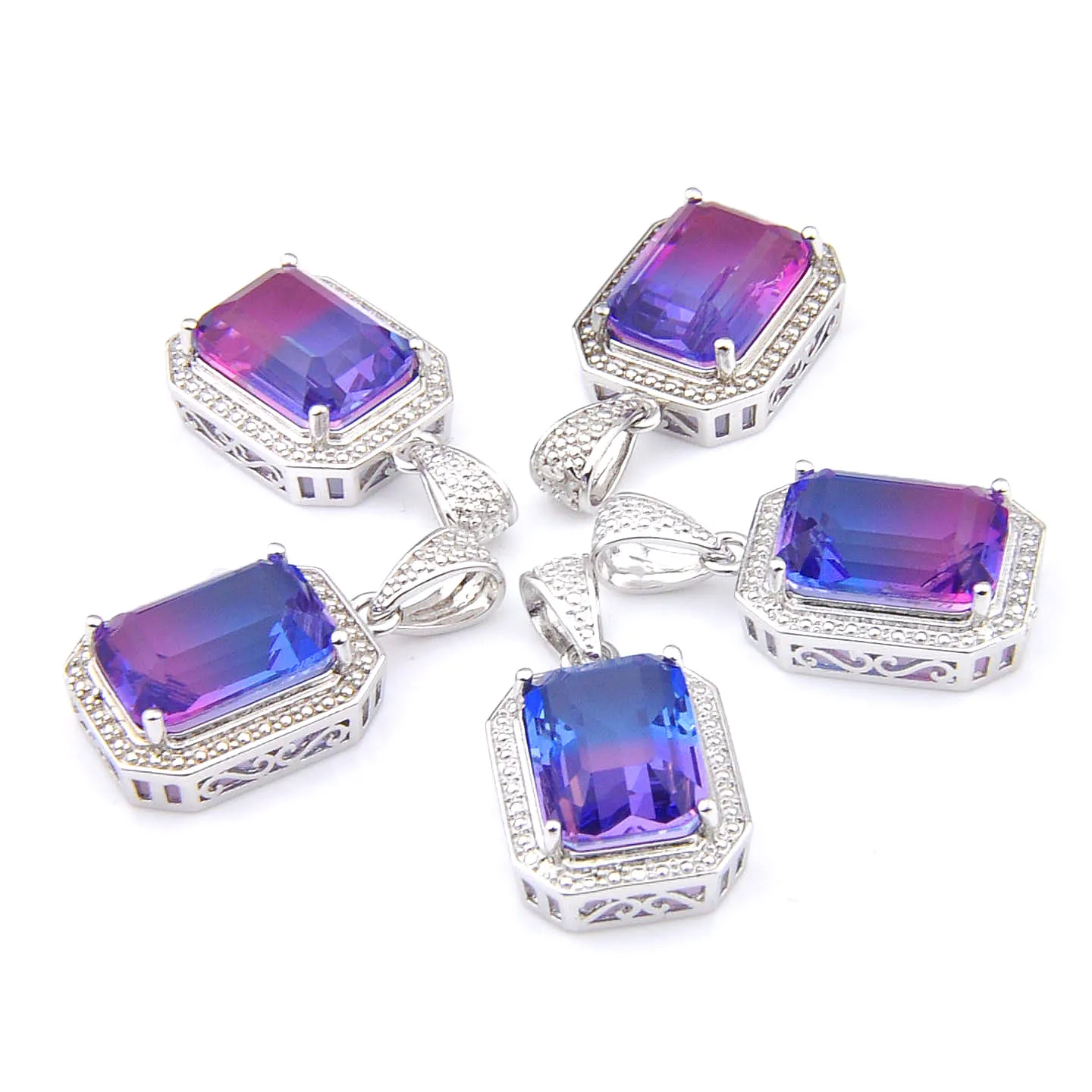 Mélanger 5 pièces pendentifs Luckyshine Shine coupe carrée violet bicolore Tourmaline pierre précieuse 925 argent pendentif colliers