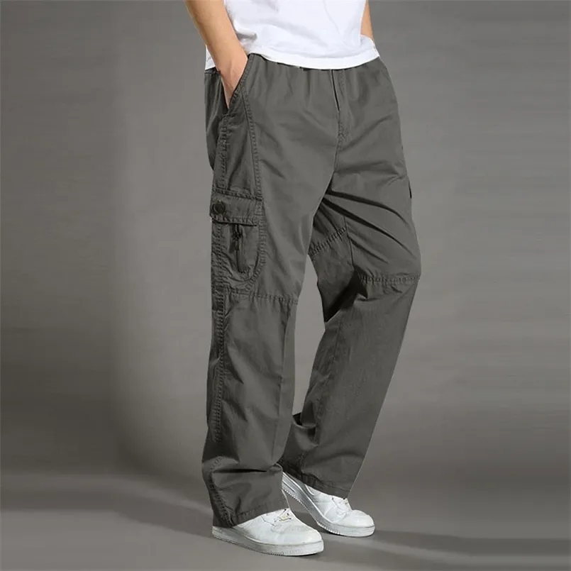 الرجال السراويل عارضة القطن وزرة مرونة الخصر الكامل لين متعدد جيب زائد الأسمدة ملابس رجالية كبيرة الحجم السراويل البضائع 211201