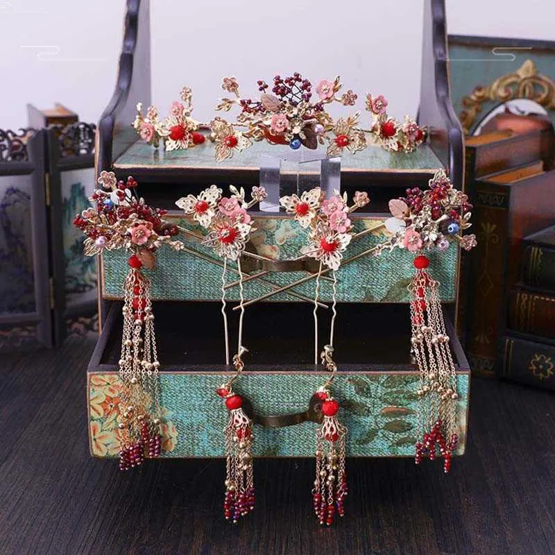 FORSEVEN Chinese Vintage Bride Wedding Jewelry Set China Traditional Ethnic Bridal Headwear Tiara Crown Hairpins Earrings H1022