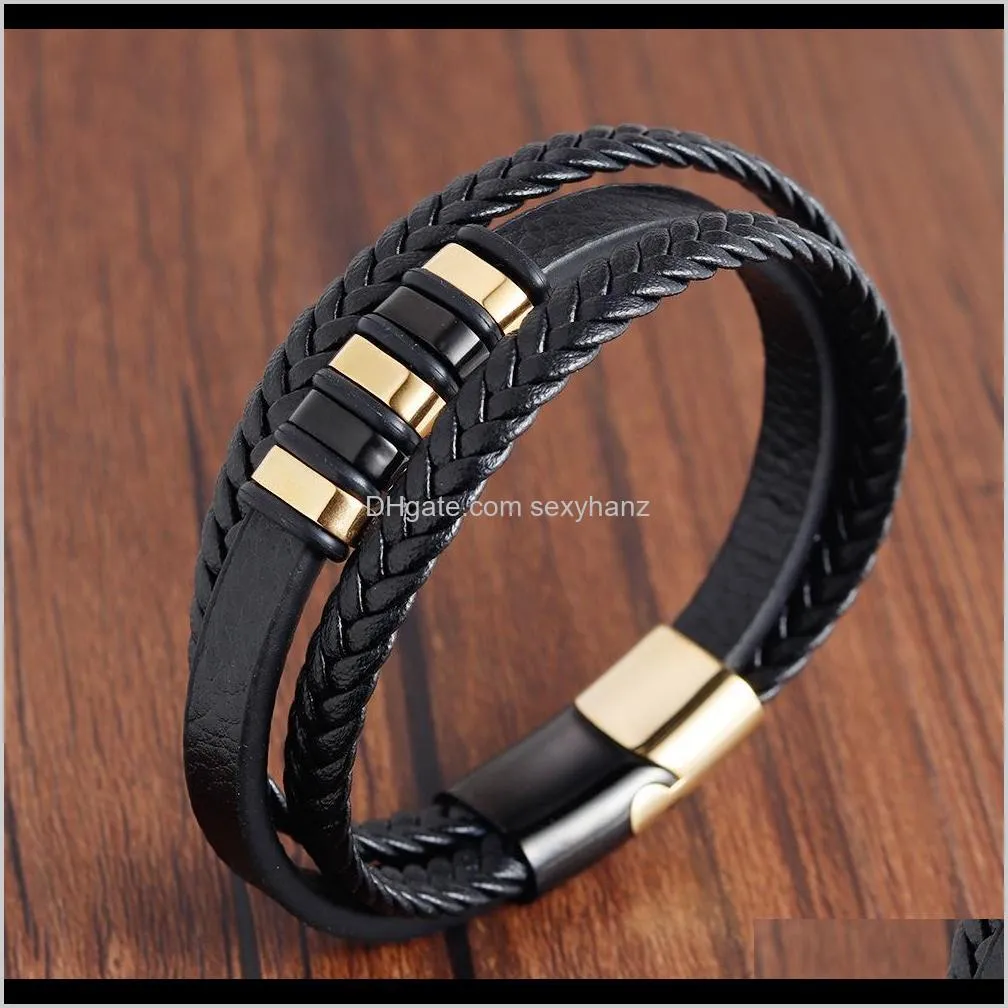 Kimter Mens Leather Bracelet With Stainless steel Magnetic Clasp Braided Rope Wrap Fashion MultiLayer Bracelets Bangle Q271FZ