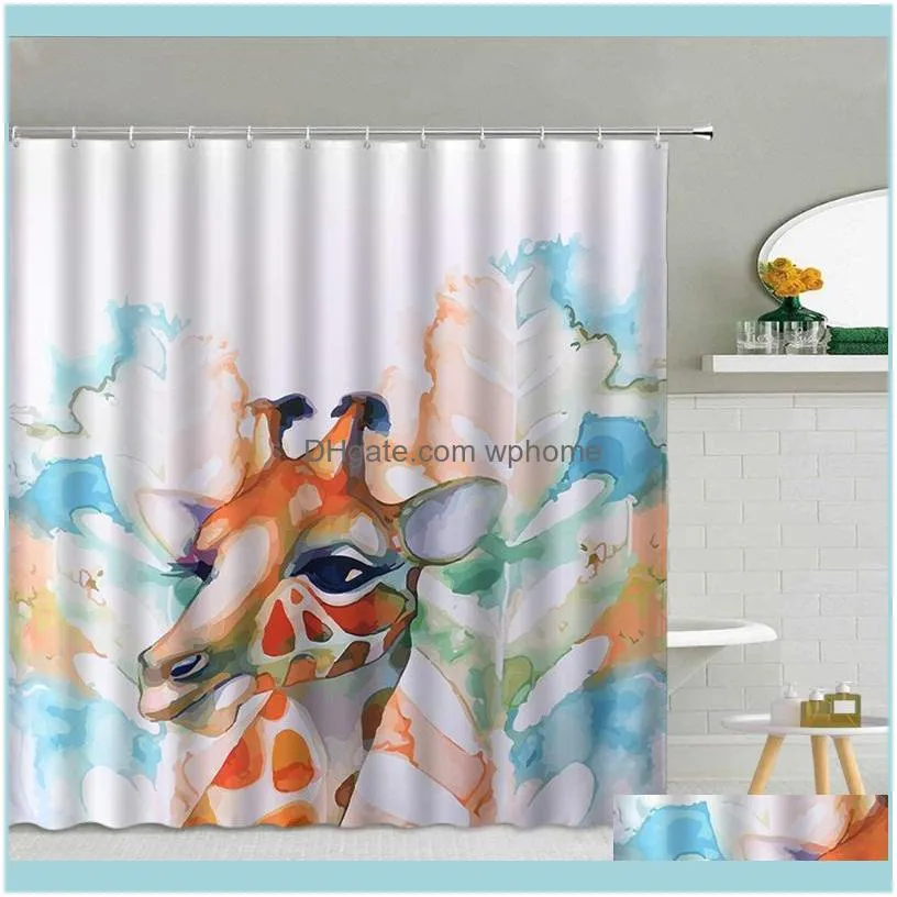 Shower Curtains Flowers Animals Gold Rose Oil Painting Giraffe Elephant Flamingo Waterproof Bathroom Bathtub Decor Cloth Curtain1