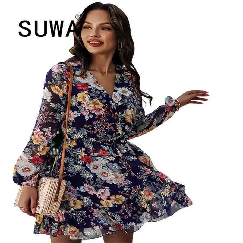 Çiçek Baskılı Bayan Elbiseler Varış Tavsiye Kore Tarzı Uzun Kollu Sokak Tatlı Kız Elbise Zarif Çay Robe 210525