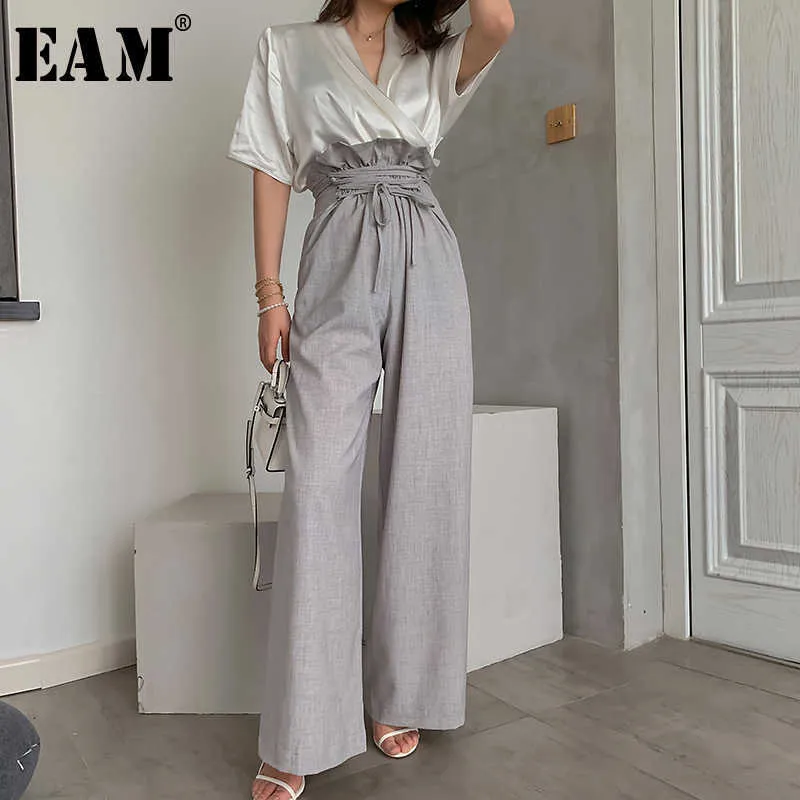 [EAM] 높은 허리 그레이 러프 붕대 긴 넓은 레깅스 새로운 느슨한 맞는 바지 여성 패션 조류 봄 여름 2021 1W492 Q0801