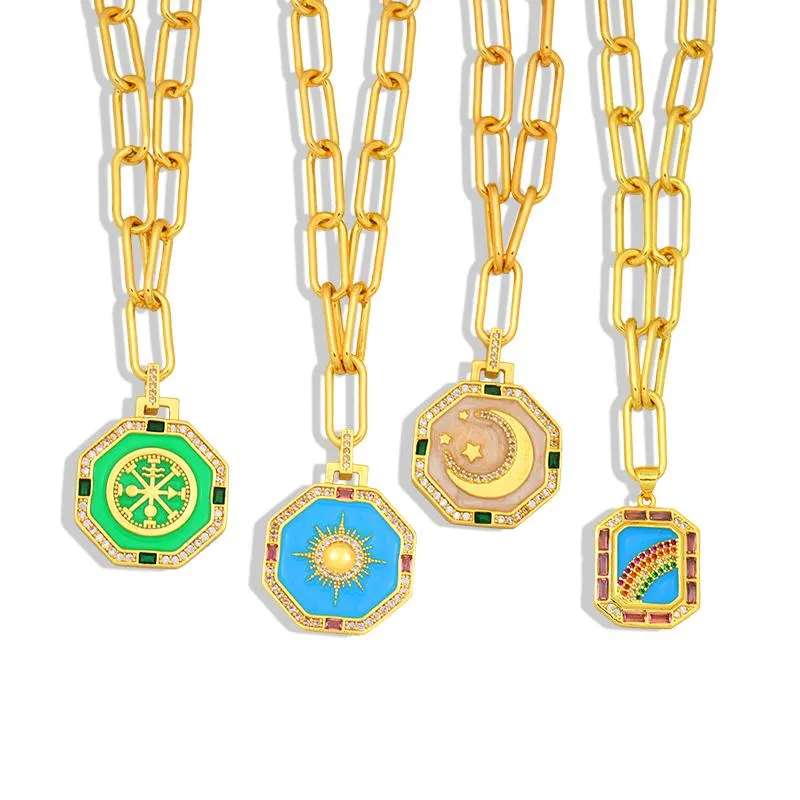 Turkse CZ-enamel zeshoek ketting zon ronde gouden opaal sieraden vrouw link ketting geometrische Pandent Zincir Kolye kettingen