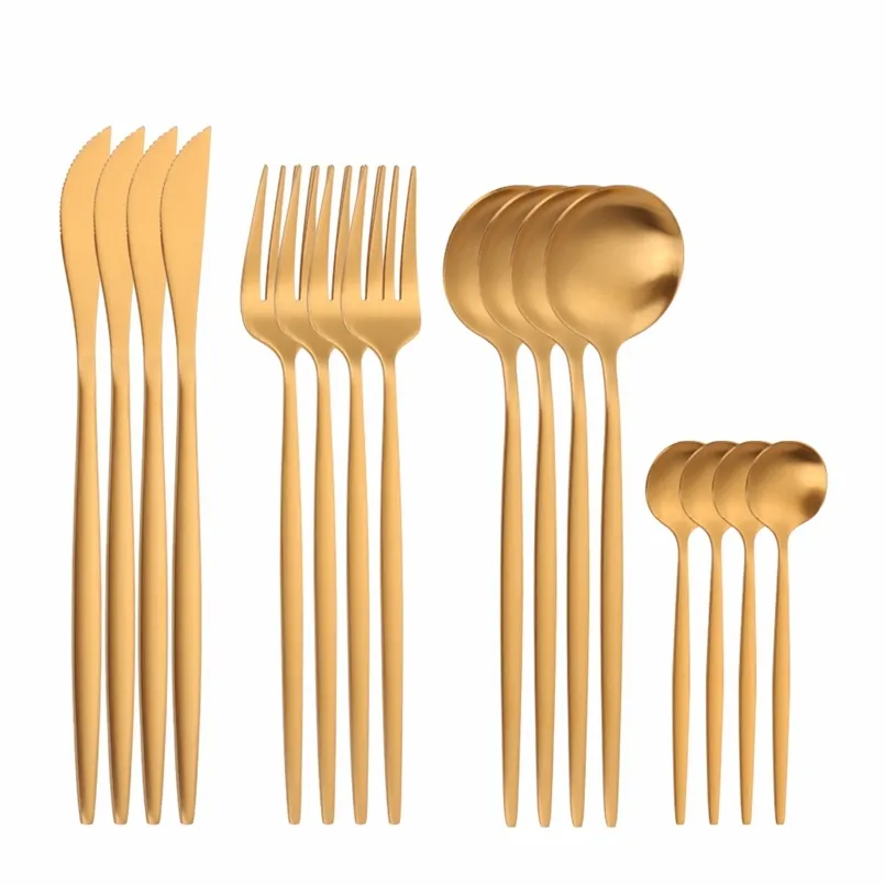 16 pezzi Set di posate in oro Forchette Cucchiai Coltelli Stoviglie Set di posate in acciaio Set di stoviglie in acciaio inossidabile Posate Utensili da cucina 211108