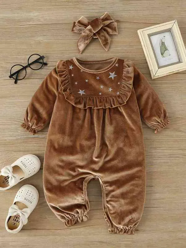 Baby glitter stjärna ruffle trim sammet jumpsuit med huvudband hon