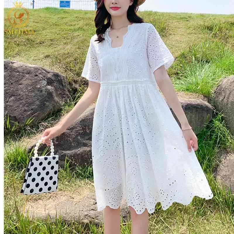 Mode Korea Chic Style Bomull Sommarklänning Kvinnors Lace Hollow Out Broderi Solid Färg Kvinna Vestido 210520