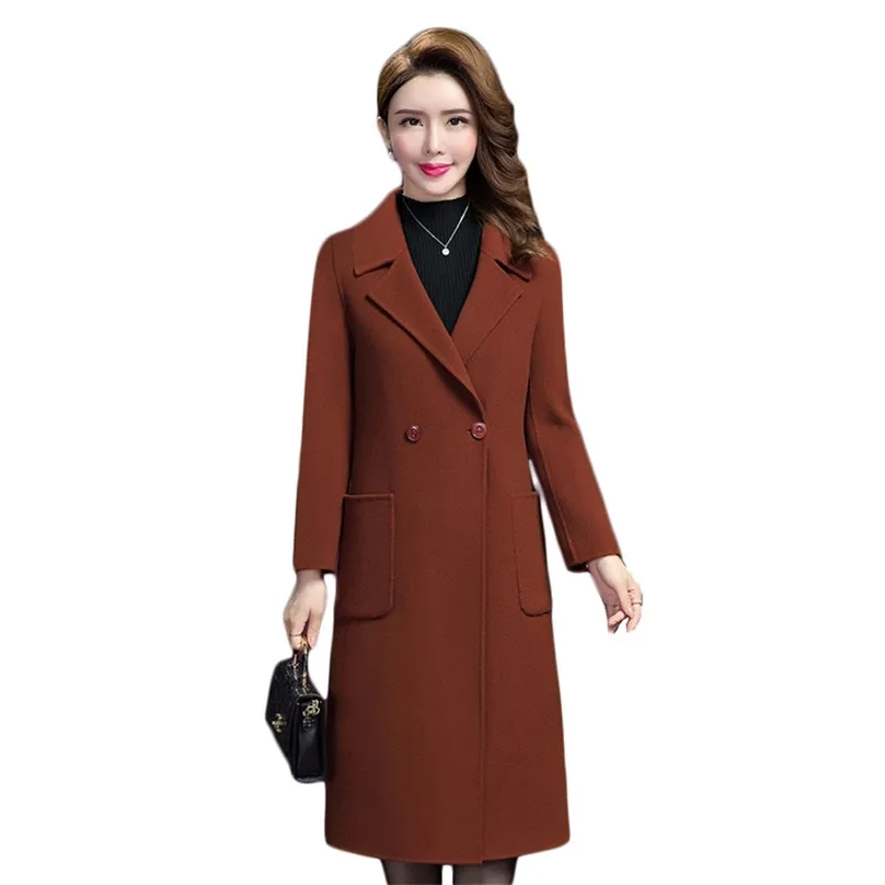 Woolen Coat Women Caramel L-5XL Plus Size Spring Fashion Korean Office Slim Dark Red Long Blends Jacka Feminina LR1008 210531