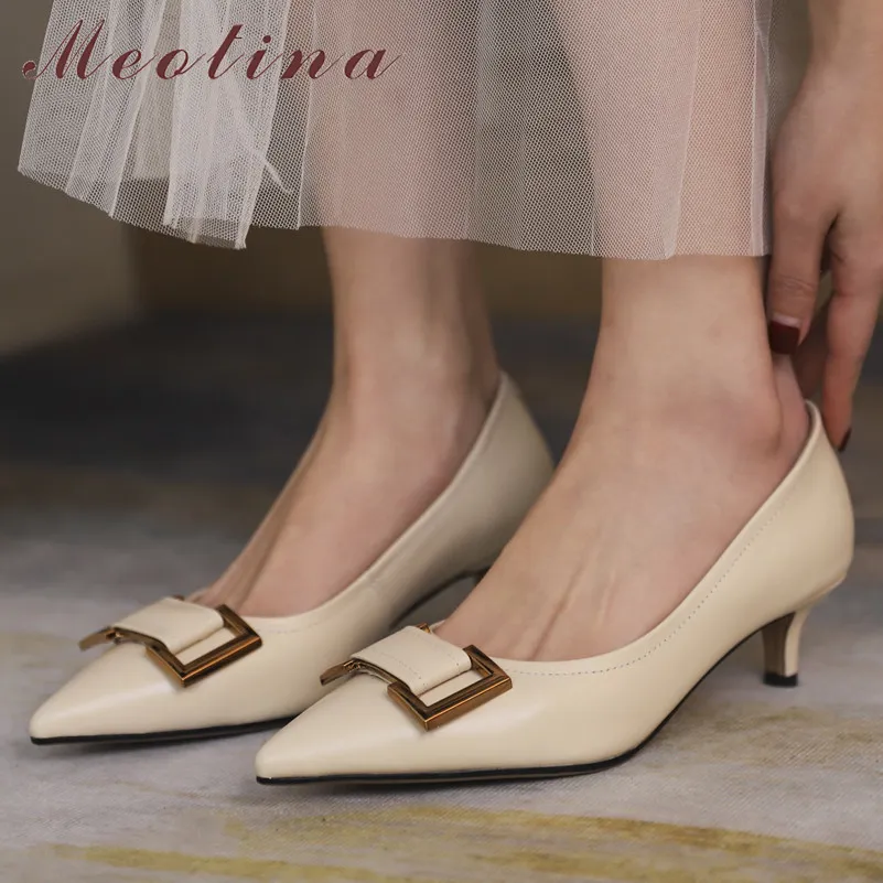 Meotina Mid Heel Shoes Women Genuine Leather Pumps Metal Decoration Pointed Toe Shoes Stiletto Heels Dress Footwear Lady Beige 210520