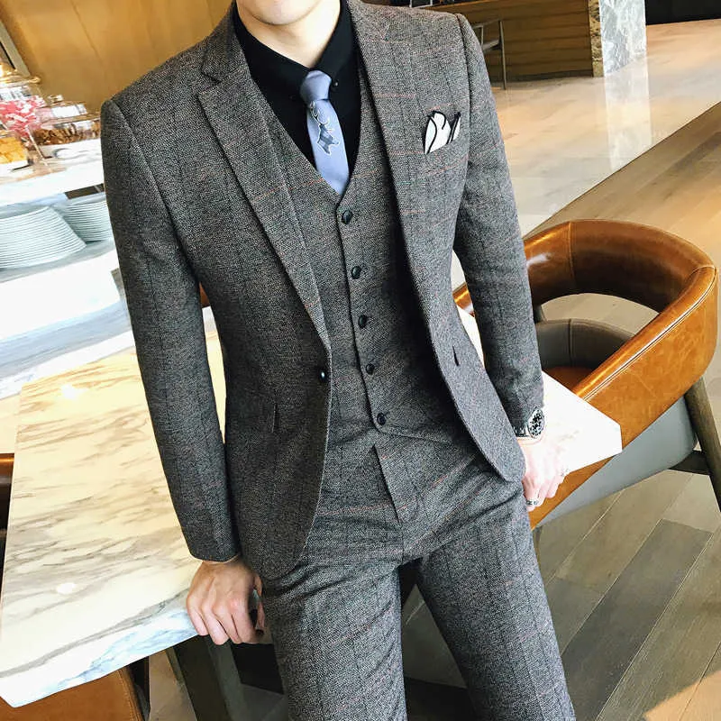 Jacka + byxor / 2019 Ny Mens Mode Boutique Plaid Casual Business Suit / High-End Brand Mäns Formell kostym Groom Wedding Suit X0909