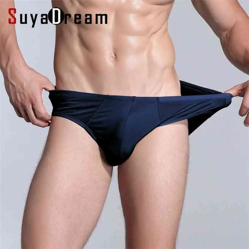 Män Silk Panties 100% Naturlig Silk Briefs Mid-Rise Underkläder Mens Hälsosam Underkläder Solid Navy Black Silver 210730