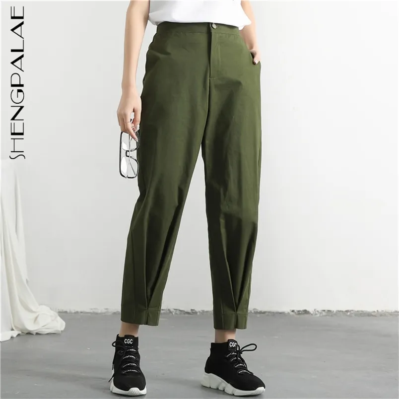 Pantalones verdes del ejército Verano de las mujeres de cintura alta delgada lápiz suelto carga pantalones de tobillo moda femenina 210427