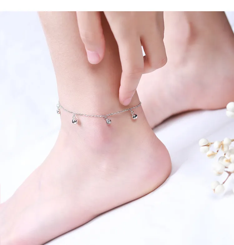 Summer versatile S925 sterling silver flash diamond bell anklets for female minimalist student beach anklets