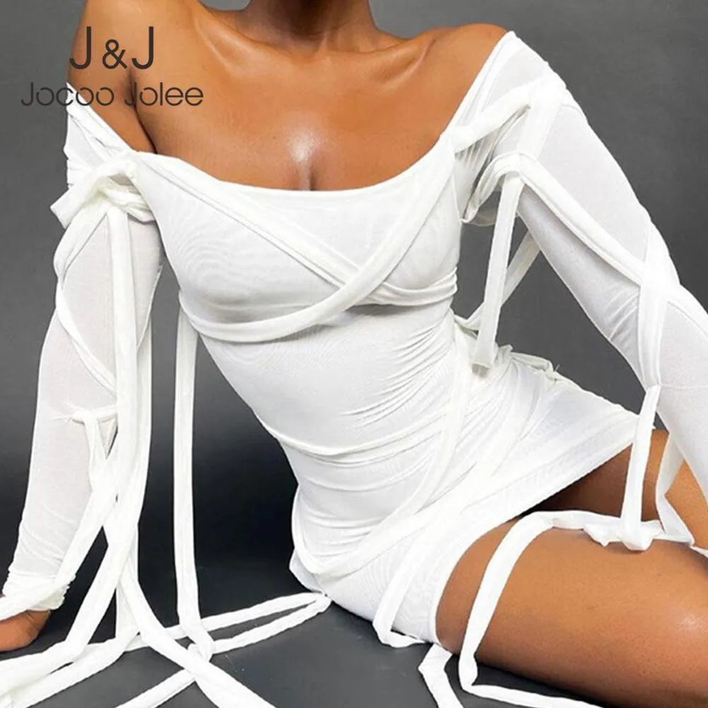 Jocoo Jole Kvinnor Sommar Sexig Patchwork StreetWear Skinny Off Shoulder Solid Mesh Buttocks Mini Dress Bandage Party Club 210518