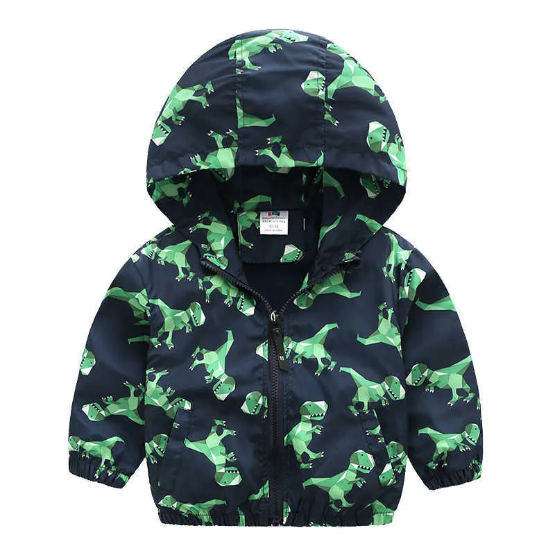 Vår Höst 2-10 år Barnens Outwear Cartoon Animal Dinosaur Print Zipper Baby Kids Handsome Hooded Jacket för pojkar 210529