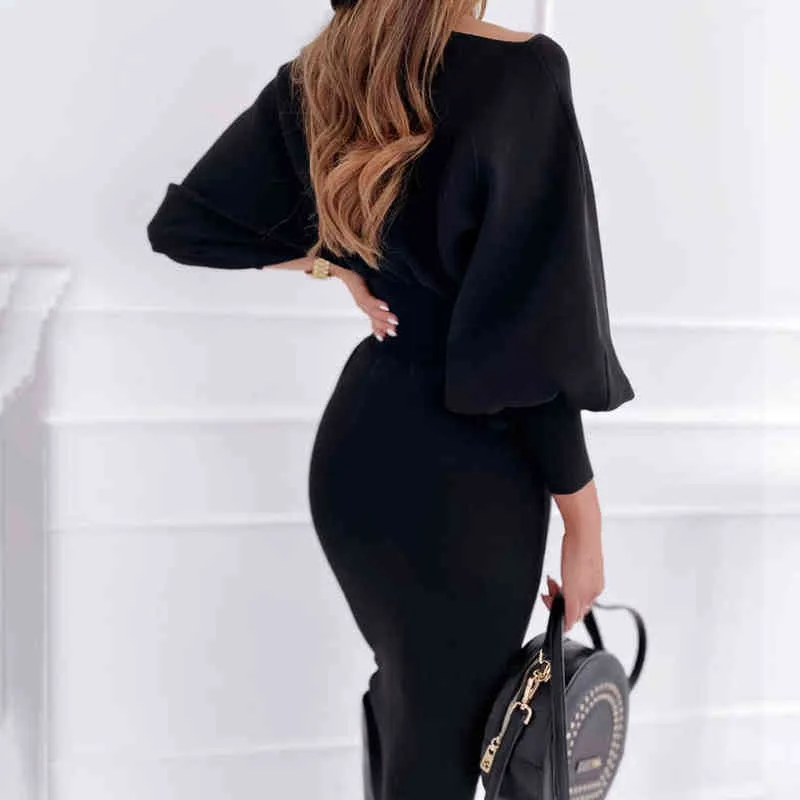 Mode-mode O-hals lange mouwen potlood jurk vrouwen herfst winter zwart roze bodycon elegante kantoor vrouw jurken robe femme
