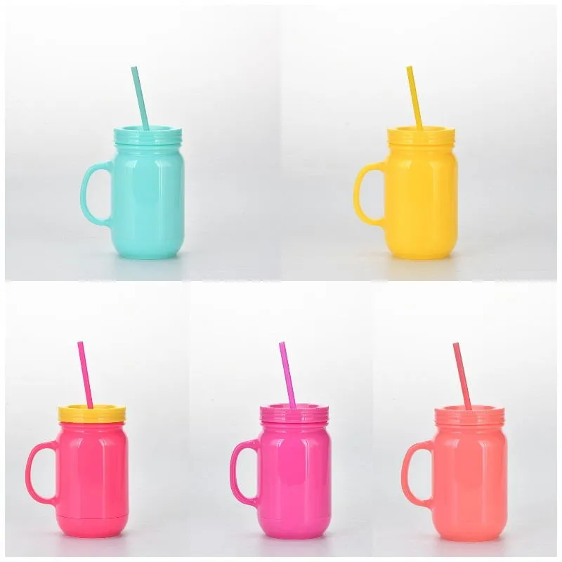 20oz Simple solid color straw Mugs plastic handy cup with handle wholesale double plastic Mason bottle with straws Sea Sending T9I001219