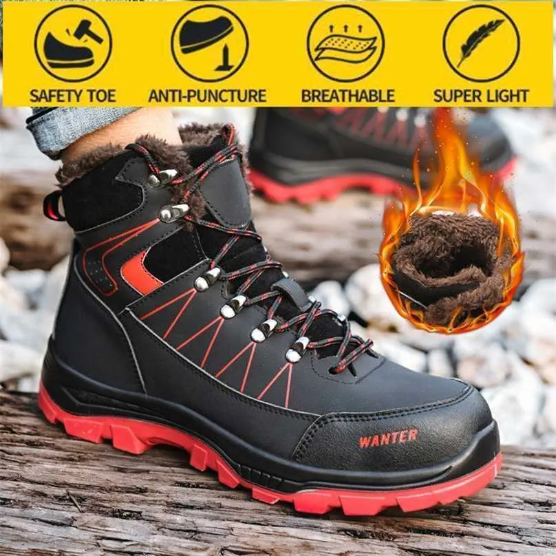 High-Top Work Safety Shoes Mäns Anti-Smashing Anti-Piercing Winter Plus Velvet Warm Protective 211217