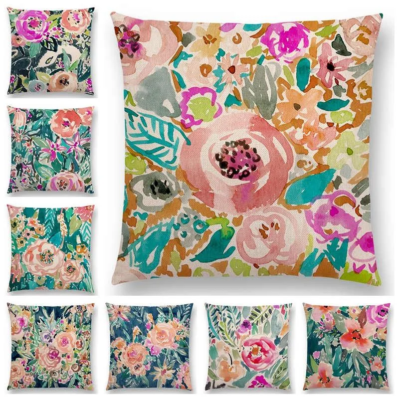 Design Watercolor Floral Style Prints Sofa Throw Pillowcase Home Decor 25 Color Available Cushion Cover Cushion/Decorative Pillow