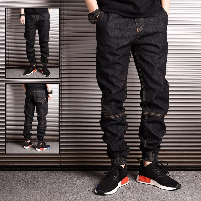 Jeans masculino vintage designer de moda masculino emendado cintura elástica ajuste solto hip hop estilo japonês joggers fundo folgado1