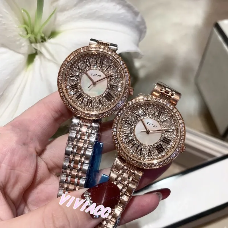 Natuurlijke Multicolor Moeder van Parel Horloge Mode Dames Rvs Quartz Clock Full Crystal Diamond Roman Number Watch 32mm