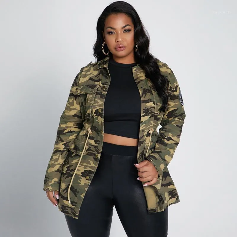 Kvinnors Jackor Scstriker Plus Size Coat Drawstring Cool Camouflage Workwear Casual Jacket Spring Streetwear Fashion Ladies Outfits