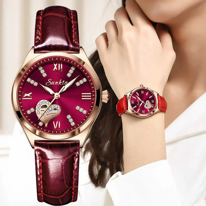 SUNKTA Rose Gold Wine Red Luxury Quartz Women Watch Waterproof Leather Watches Ladies Watches Clock Relogio Feminino+Box 210720