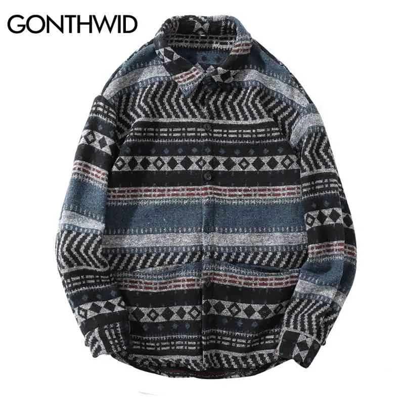 Gonthwid Geometrische Gestreepte Shirts met lange mouwen Heup Hop Button Down Jurk Shirt Streetwear Hipster Fashion Casual Shirts Tops 210708