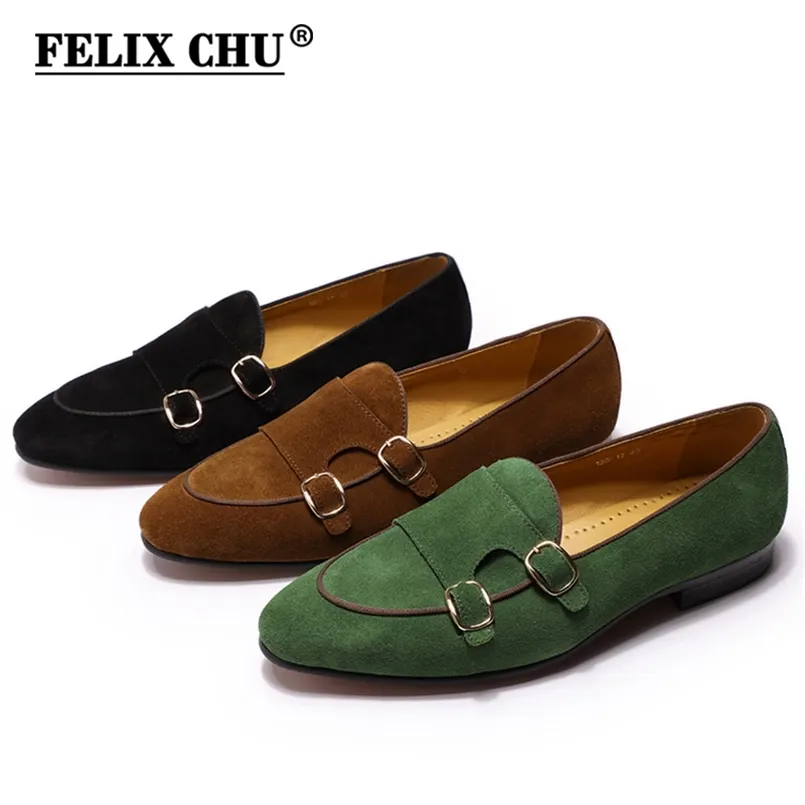 FELIX CHU Herren Wildleder Loafer Herren Hochzeit Party Casual Slip On Schuhe Schwarz Braun Grün Monk Strap Männer Kleid Leder 210906