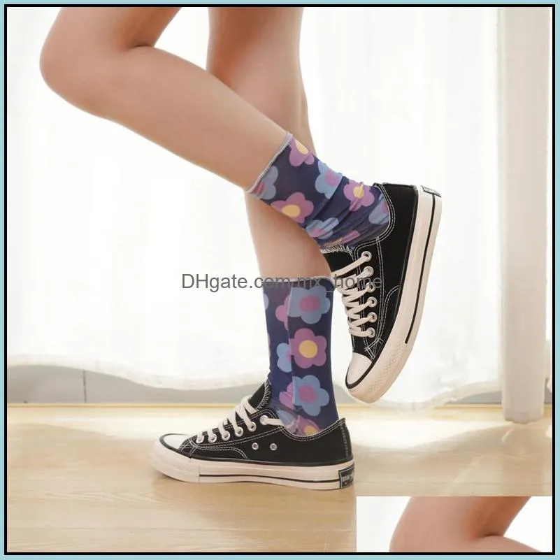 Summer New Colorful Tulle Thin Flower Mesh Socks Cute Wild Net Yarn Pile Thin Breathable For Girl Woman Dress Hosiery Street