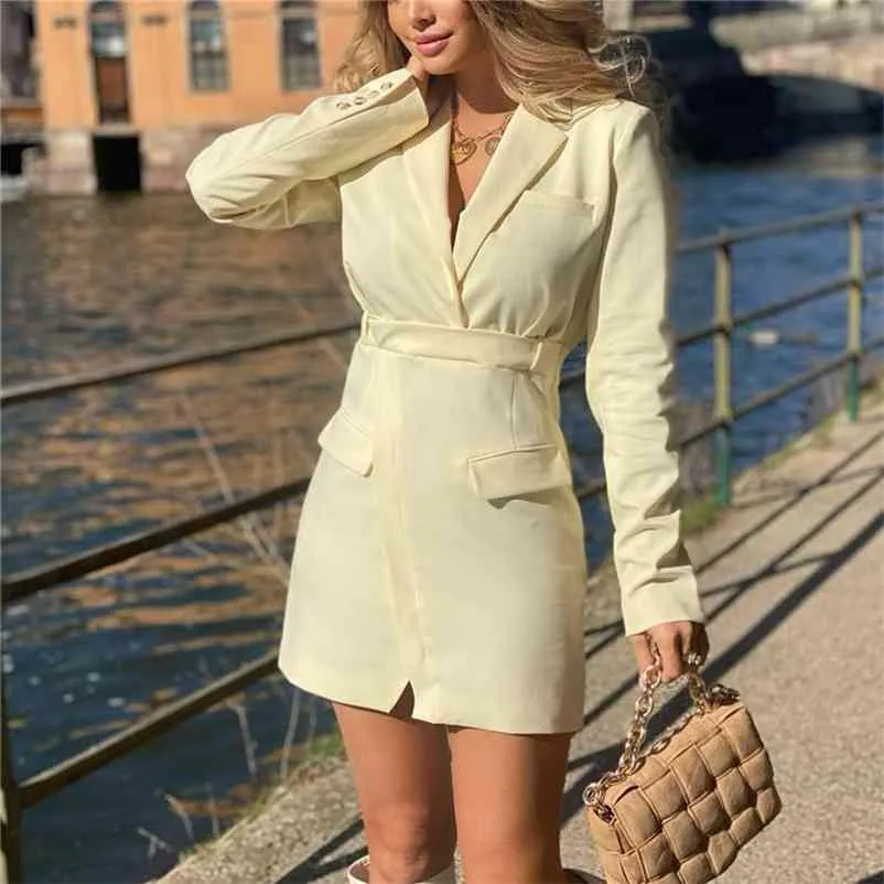 Elegante mujer Beige Slim Blazer Mini vestido primavera Casual Oficina señoras A-Line vestidos mujer cintura alta 210515