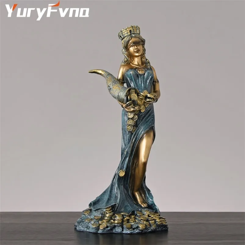 YuryFvna Dea greca della fortuna e statue in resina Signora accecata che tiene il corno della ricchezza Statuine romane Decorazioni per la casa 210811