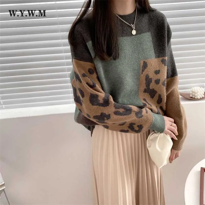 WYWM Winter Vintage Leopard Patchwork Pullover Frauen Casual Kaschmir Gestrickte Pullover Damen Outwear Übergroßen Weiblichen Jumper 211018